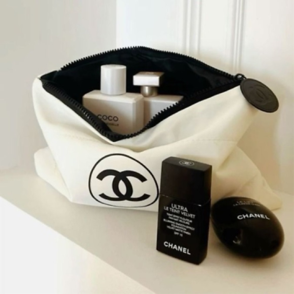 CHANEL White and Black Logo Cosmetic Pouch
